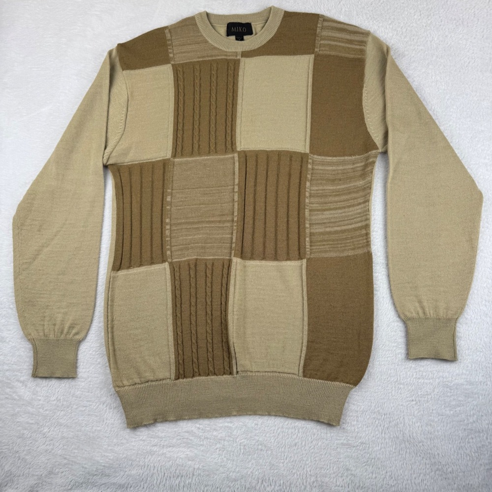 Miko Patchwork Sweater‎ Mens Medium Tan Brown Wool Blend Cable Knit Pullover